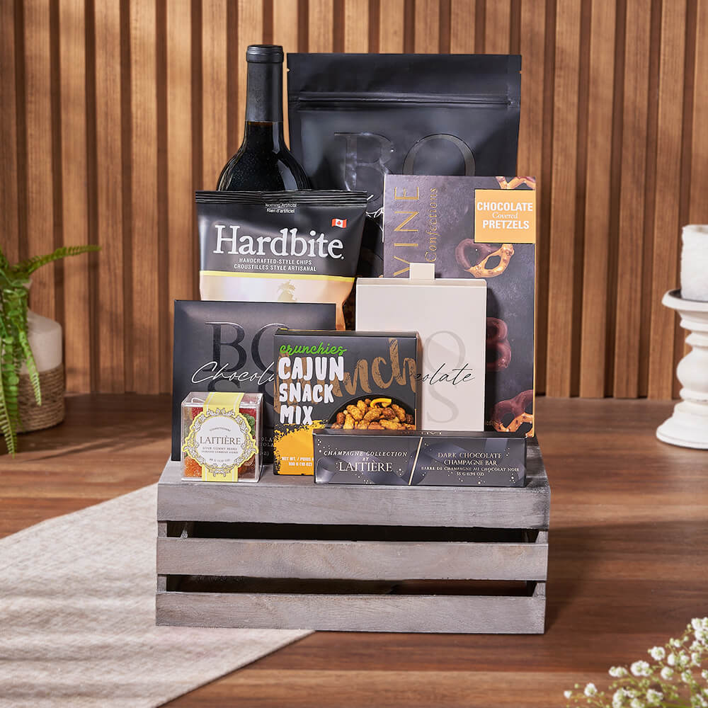 Chocolate Snack Basket in Crate – how the gift is presented