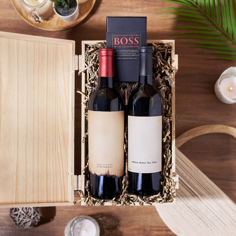 Wooden Crate Wine Gift Basket Featuring BOSS Milk Chocolate Bar – how the gift is presented