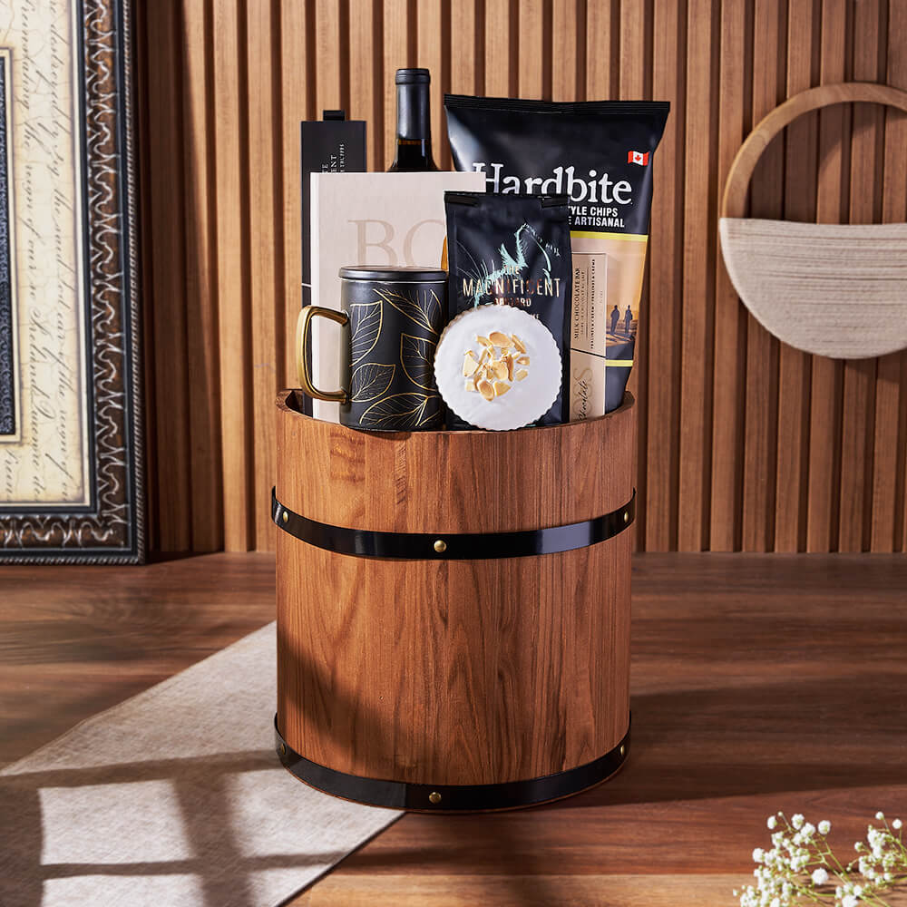 Wine and Snack Barrel Gift – how the gift is presented
