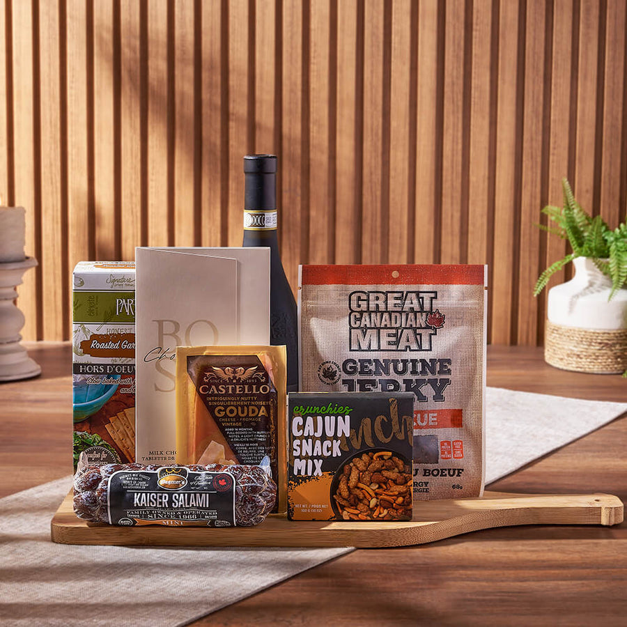 Wine & Cheesy Treats Platter, wine gift, wine, cheese gift, cheese, salami gift, salami, gourmet gift, gourmet, Hamilton delivery