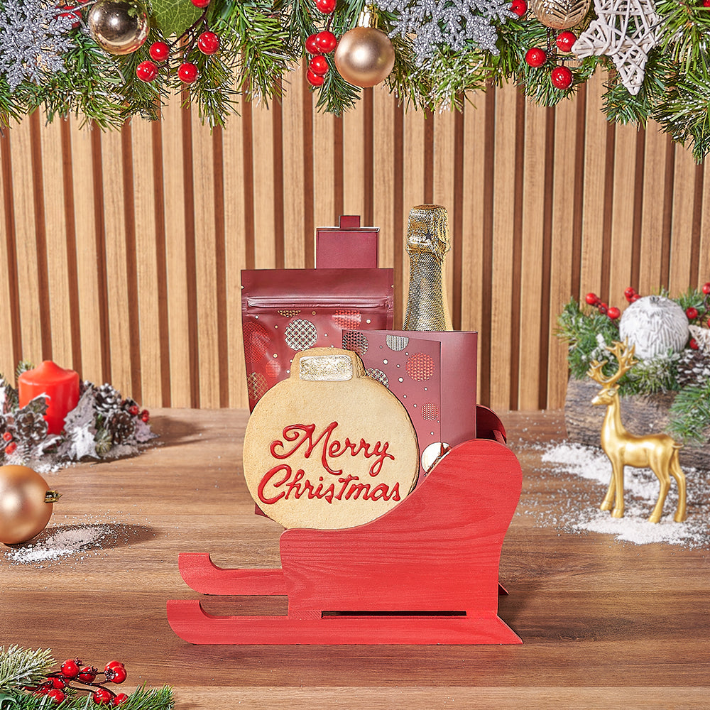 Holiday Sparkling Wine and Gourmet Gift Set in Red Wooden Sled Basket – how the gift is presented