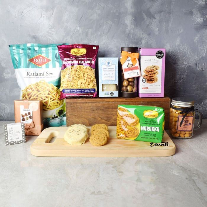 Diwali Celebration Traditional Indian Snack and Chocolate Basket – how the gift is presented