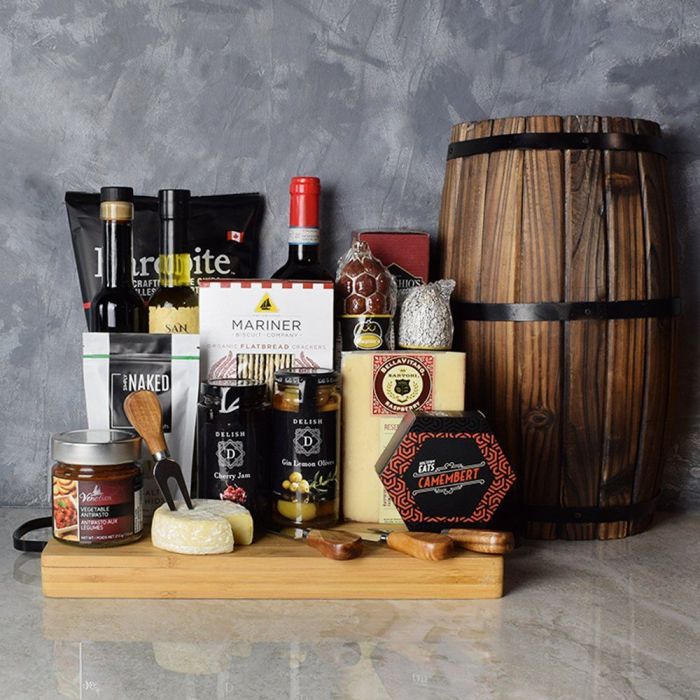 Classic Wine Gift Basket with Cheeses, Salami, and Elegant Serving Ware – how the gift is presented