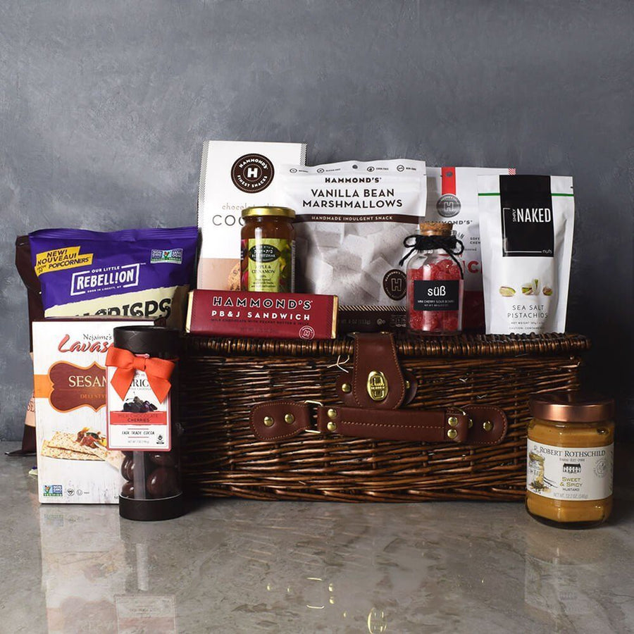 Sweet & Savoury Kosher Treats Basket. This basket contains snacks of both the sweet and savoury varieties from Hamilton Baskets - Hamilton Delivery
