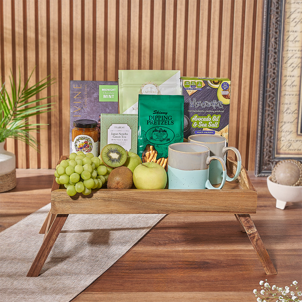 Wooden Bed Tray with Gourmet Snacks and Fresh Fruit Gift – how the gift is presented