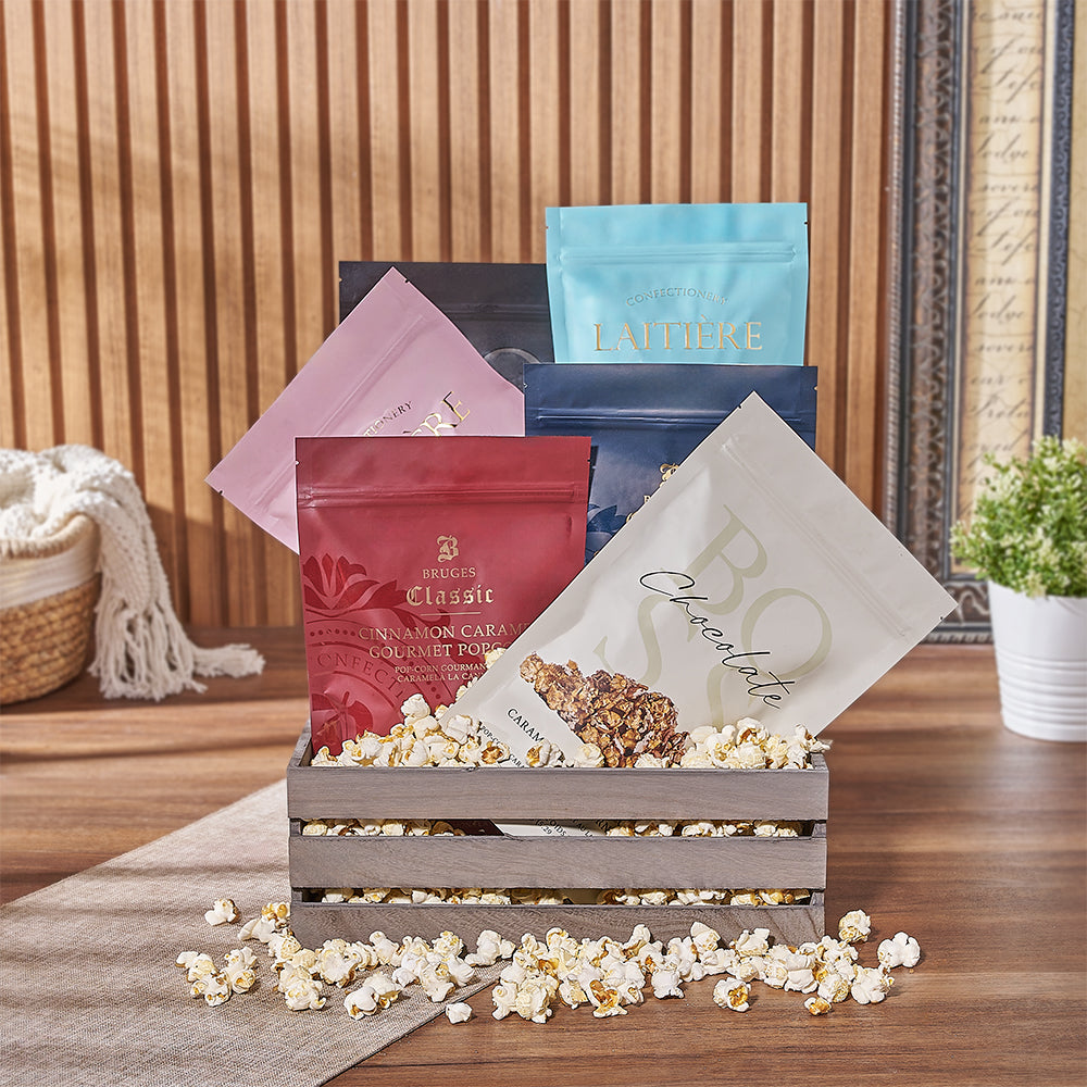 Popcorn Gift Basket with Stylish Crate – how the gift is presented