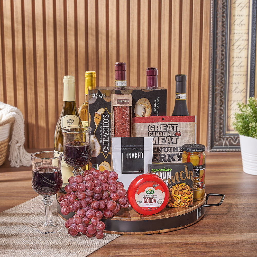 Premium Wine Gift Basket Featuring Fine Meats, Cheese, and Crackers – how the gift is presented