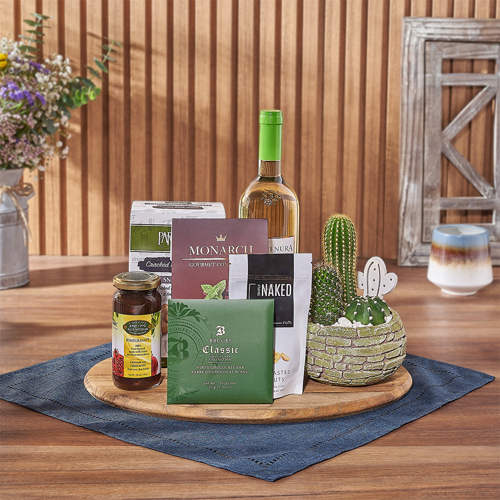 Kosher Wine & Cacti Gift, kosher gift, kosher wine, plant, crackers, chocolate, nuts, jam, board, Hamilton Delivery