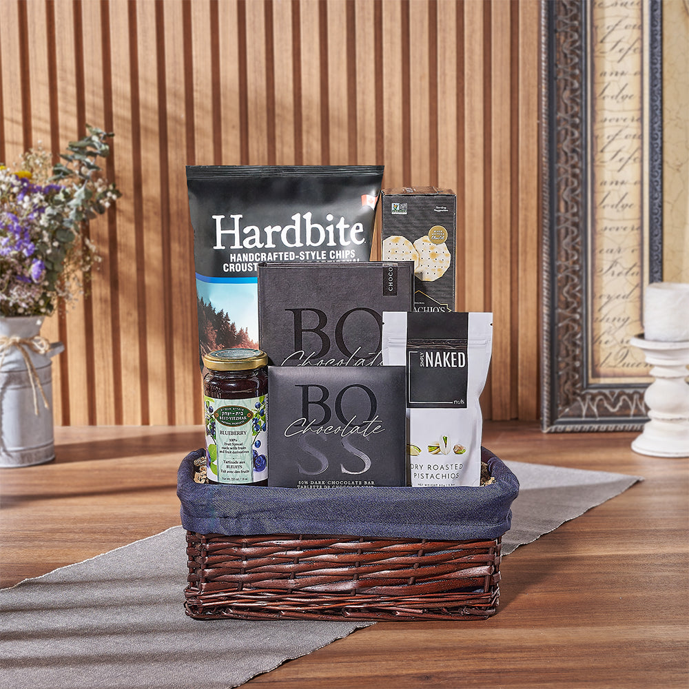 Kosher Hanukkah Snack Gift Basket with Blue Willow Lined Basket – how the gift is presented