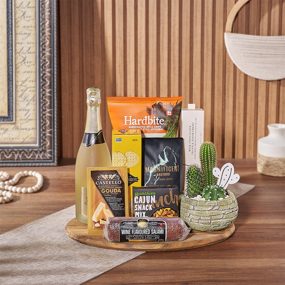 Deluxe Sparkling Wine Gift Basket with Cactus Trio Planter and Gourmet Snacks – how the gift is presented