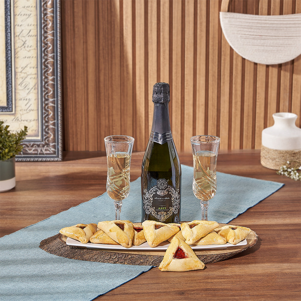 Purim Sparkling Wine and Hamantaschen Cookies Gift Set with Ceramic Platter – how the gift is presented
