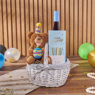 Birthday Wine & Bear Gift Basket, wine gift, wine, birthday gift, birthday, chocolate gift, chocolate, Hamilton delivery