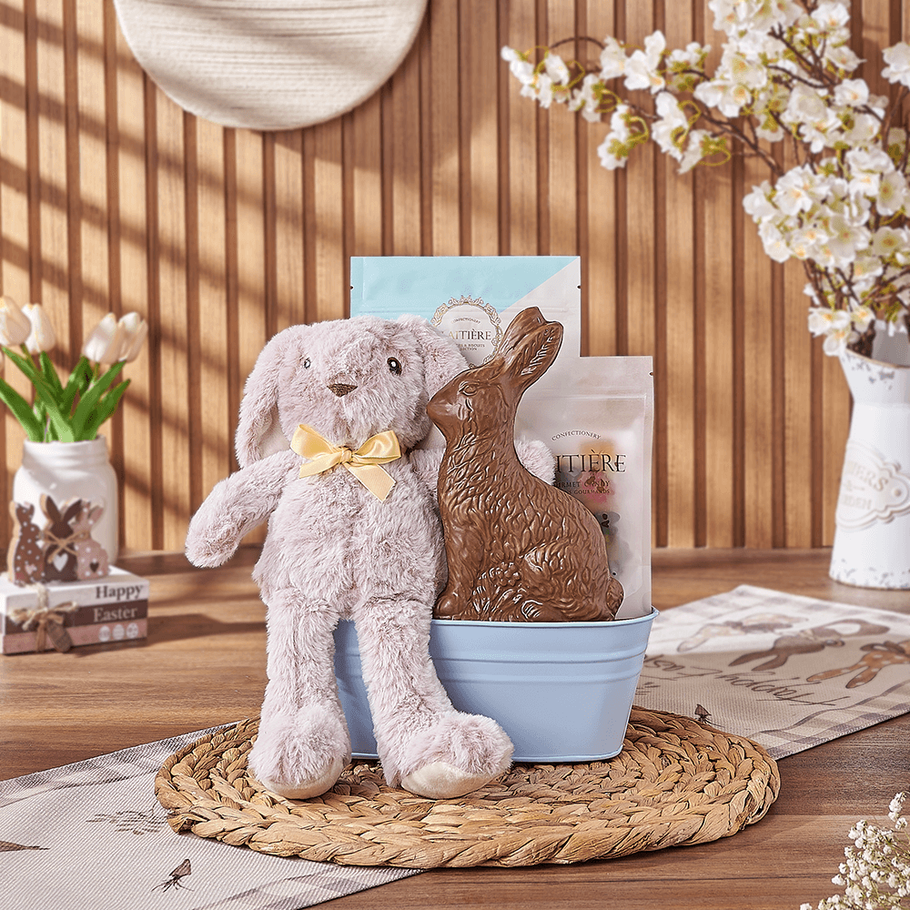 Easter Plush Bunny Basket with Gourmet Treats in Teal Bucket – how the gift is presented