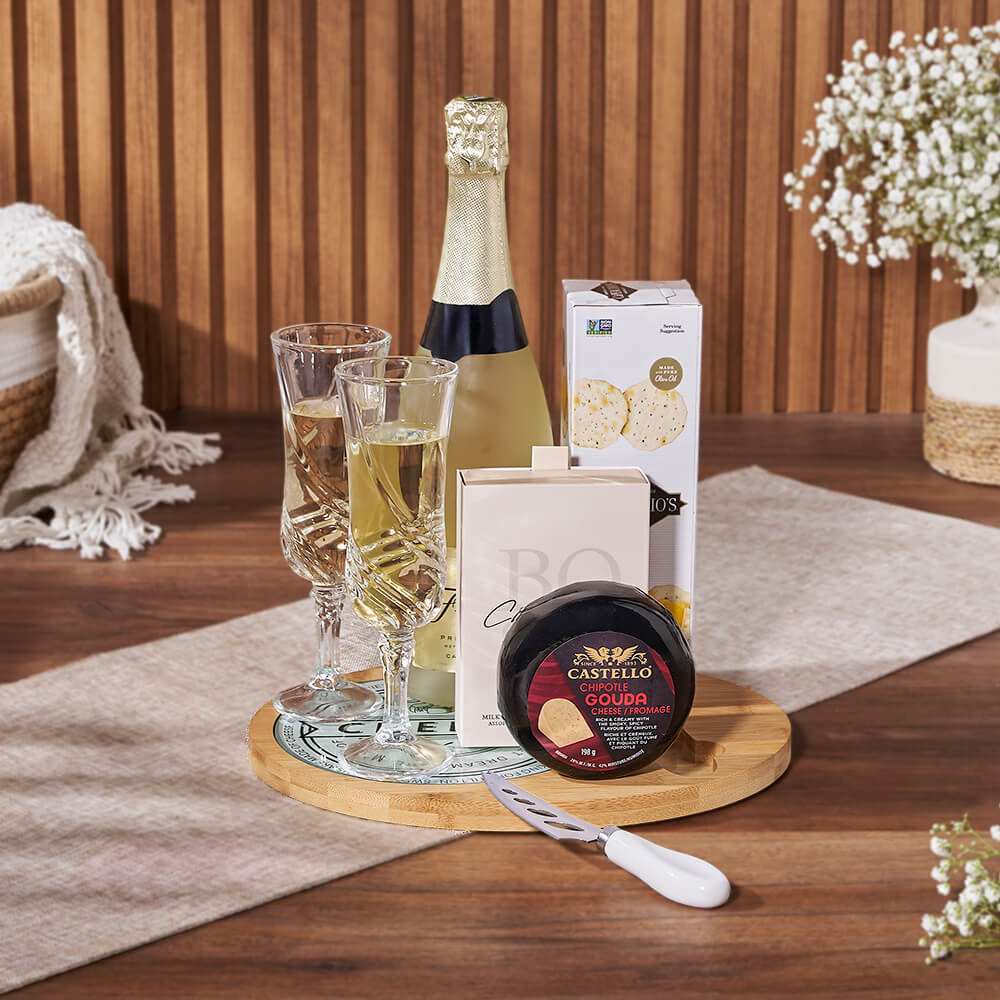 Bubble &amp; Cheese Please Champagne Gift Basket, sparkling wine gift, sparkling wine, cheese gift, cheese, champagne gift, champagne, Hamilton delivery