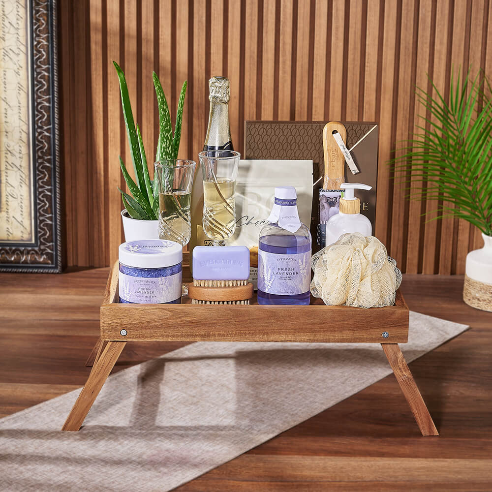 Bubbles &amp; Bites Celebratory Spa Gift Basket, sparkling wine gift, sparkling wine, champagne gift, champagne, spa gift, spa, Hamilton delivery