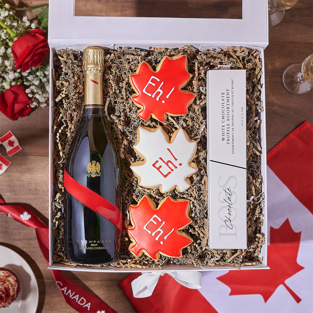 Canada Day Celebration Sparkling Wine and Gourmet Treats Gift Box – how the gift is presented