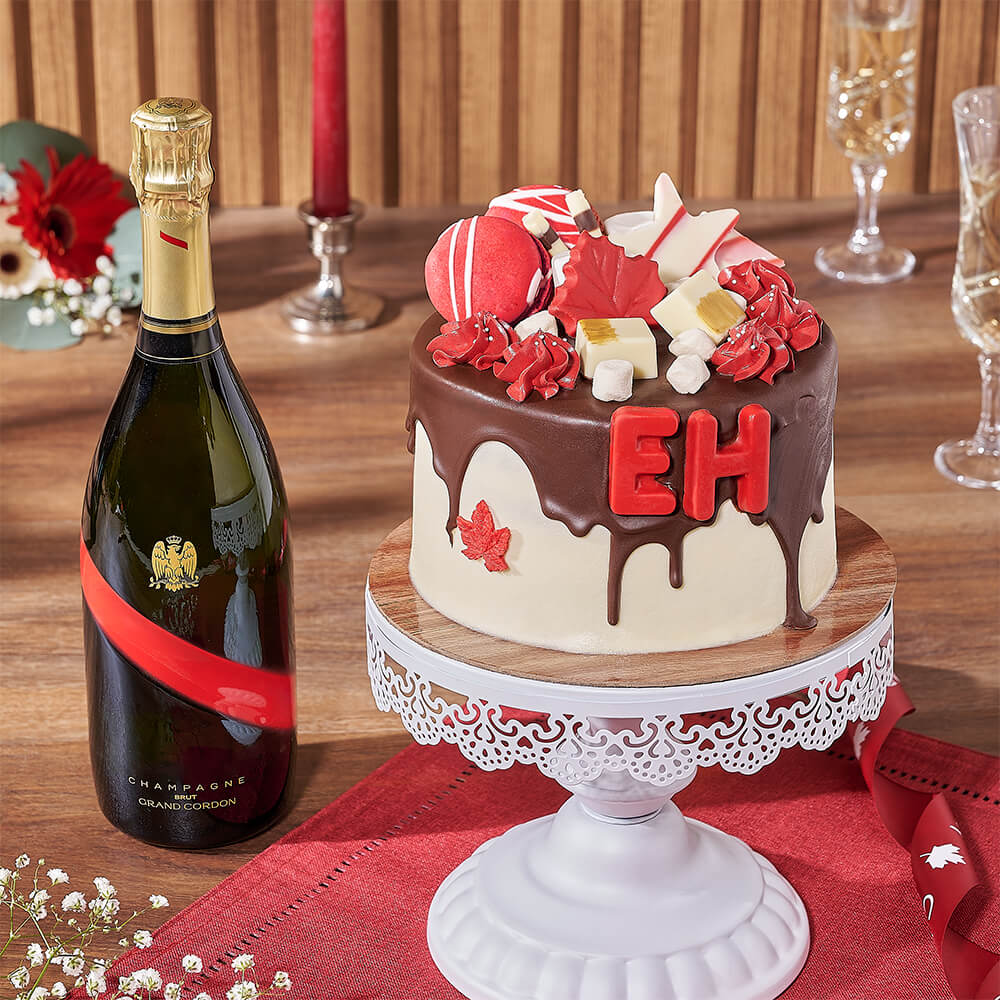 Sparkling Wine and Canada Day Themed Red Velvet Cake – how the gift is presented