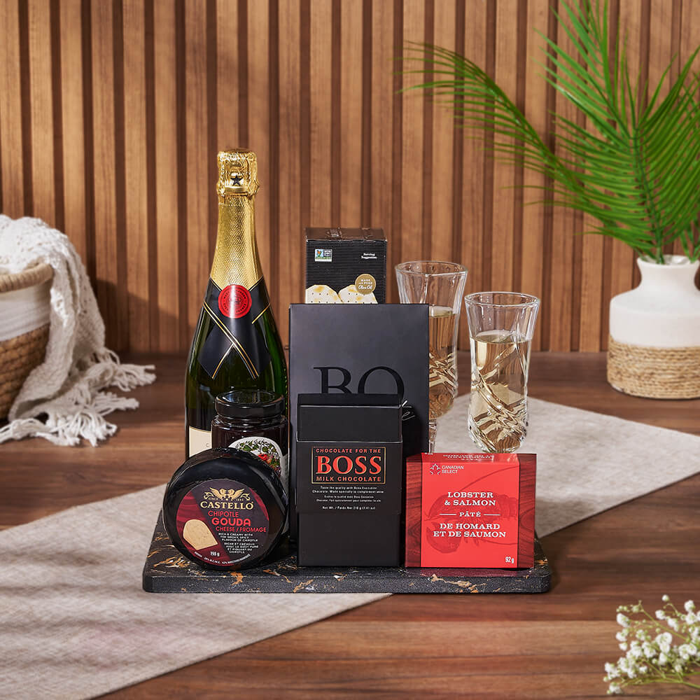 Celebratory Champagne Gift Board, champagne gift, champagne, sparkling wine gift, sparkling wine, chocolate gift, chocolate, seafood gift, seafood, Hamilton delivery