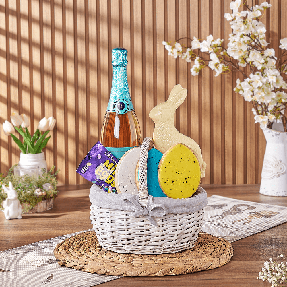 Sparkling Wine and Gourmet Easter Sweets Gift in White Wicker Basket – how the gift is presented