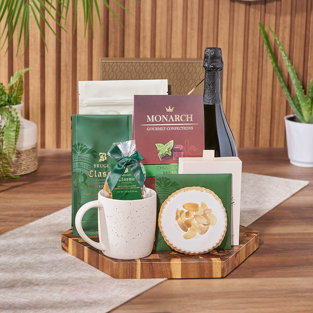 Champagne & Coffee Snack Board, champagne gift, champagne, sparkling wine gift, sparkling wine, chocolate gift, chocolate, Hamilton delivery