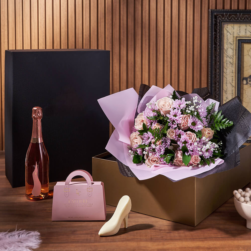 Champagne &amp; Mixed Rose Gift Set, sparkling wine gift, sparkling wine, rose gift, rose, flower gift, flowers, floral gift basket, floral gift, Hamilton delivery