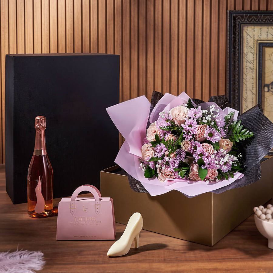 Champagne & Mixed Rose Gift Set, sparkling wine gift, sparkling wine, rose gift, rose, flower gift, flowers, floral gift basket, floral gift, Hamilton delivery