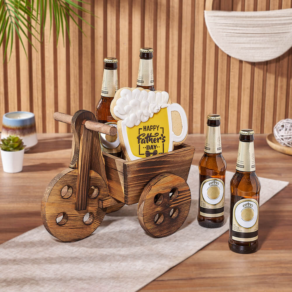 Large Wooden Cart Beer Gift Basket with Father's Day Cookie – how the gift is presented