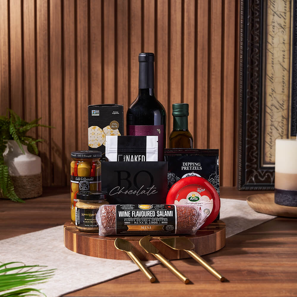 Cheese, Crackers & Wine Gift Basket, wine gift, wine, cheese gift, cheese, charcuterie gift, charcuterie, Hamilton delivery