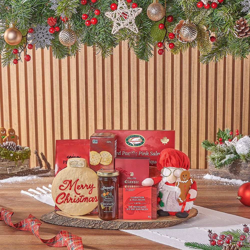 Festive Holiday Gift Basket Featuring Smoked Salmon and Gourmet Treats – how the gift is presented