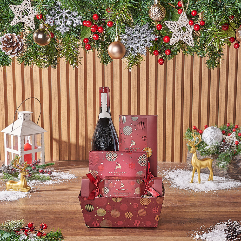 Festive Wine Gift Basket with Sweets – how the gift is presented