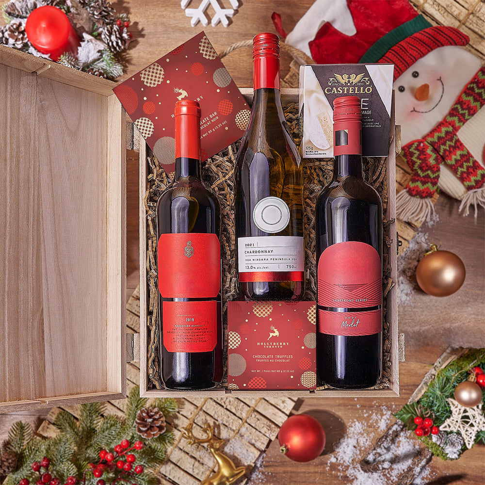 Wooden Wine Box Christmas Gift with Trio of Wines, Brie Cheese, and Chocolates – how the gift is presented