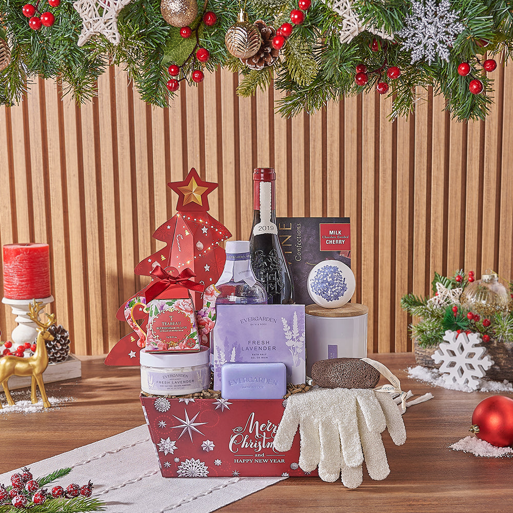 Christmas Wine &amp; Spa Gift Set, wine gift, wine, spa gift, spa, chocolate gift, chocolate, tea gift, tea, Hamilton delivery