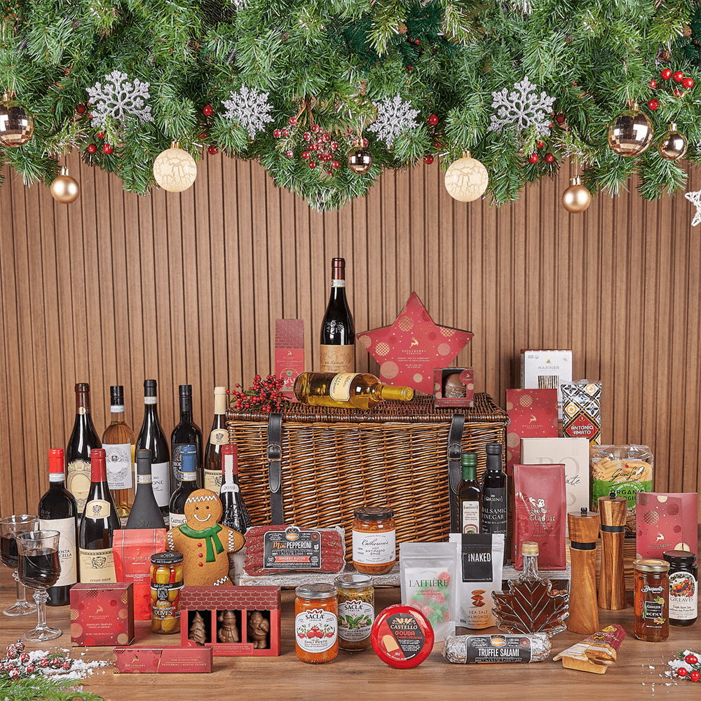 Christmas Wine &amp; Treat Extravaganza Basket, christmas gift, christmas, wine gift, wine, chocolate gift, chocolate, Hamilton delivery