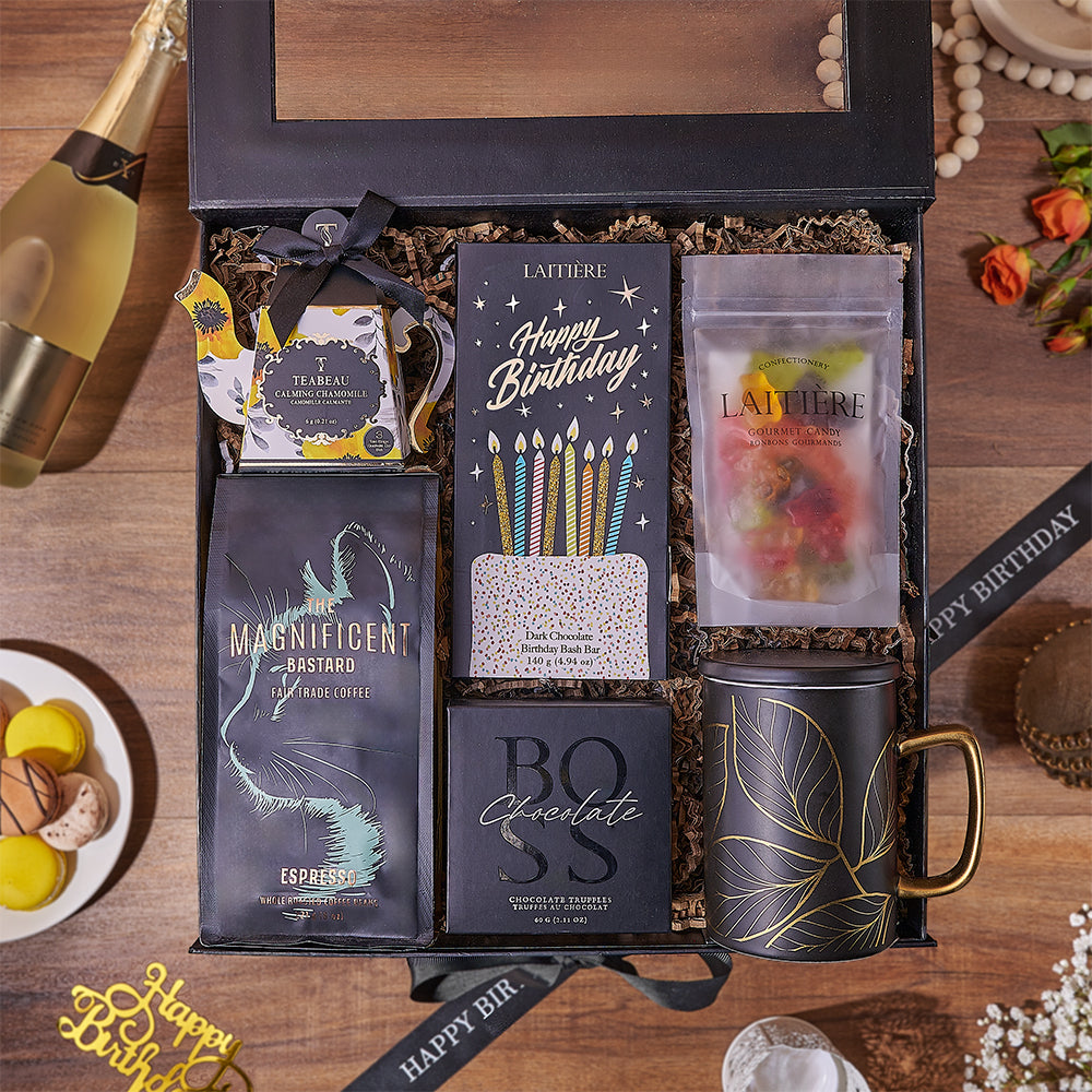 Black Mug Gift Basket with Coffee and Chocolate for Birthday – how the gift is presented