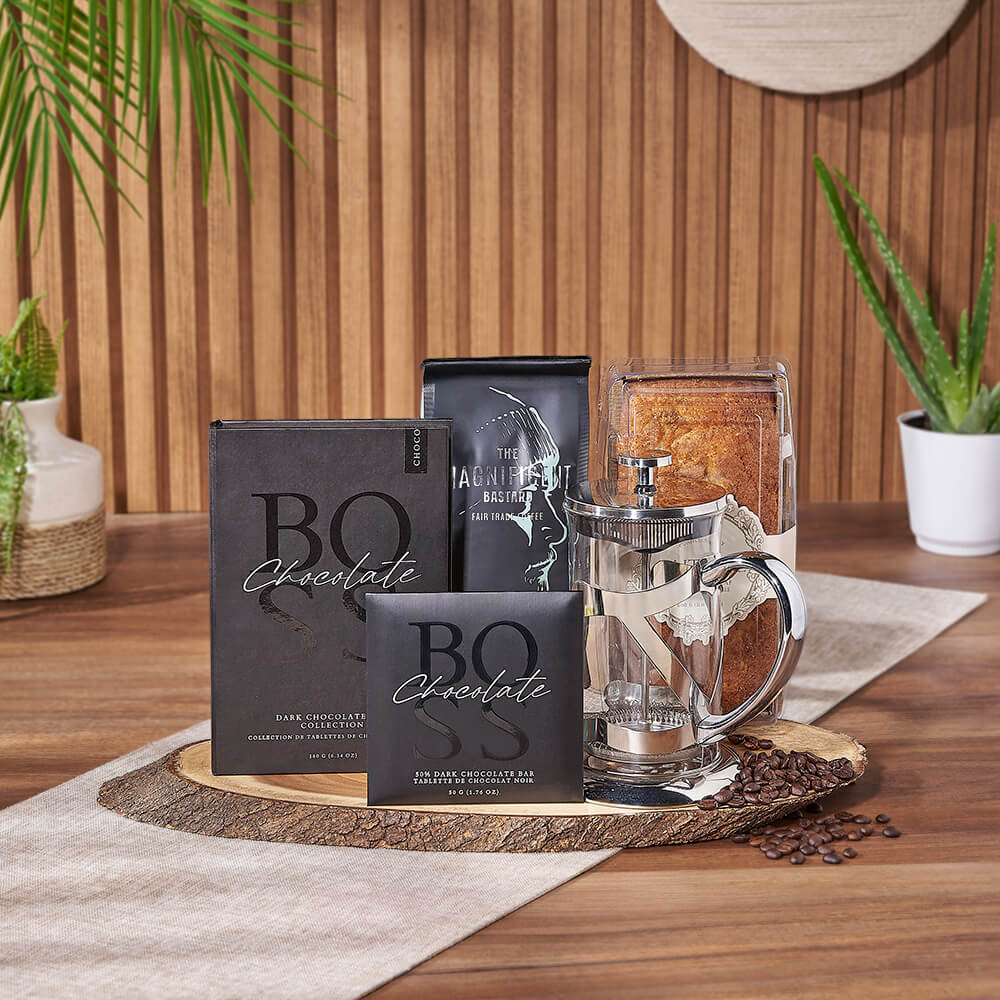 Dark Chocolate Bars and Coffee Basket – how the gift is presented