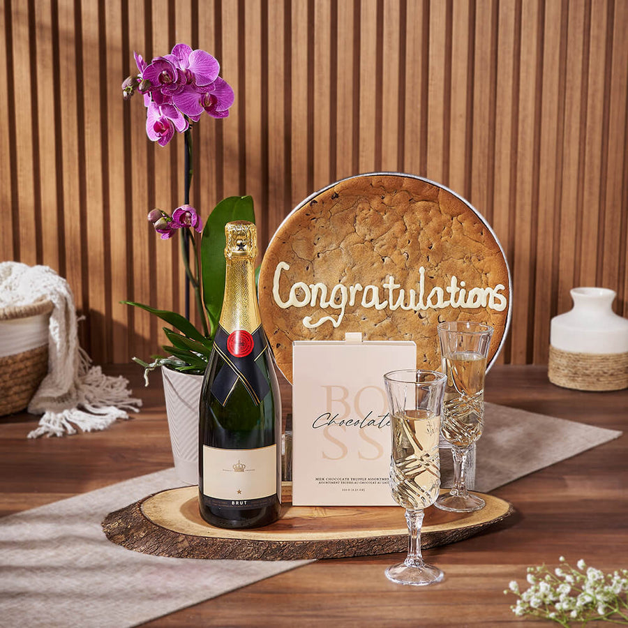Congratulations Cookie & Champagne Gift Set, champagne gift, champagne, sparkling wine gift, sparkling wine, giant cookie gift, giant cookie, orchid gift, orchid, Hamilton delivery