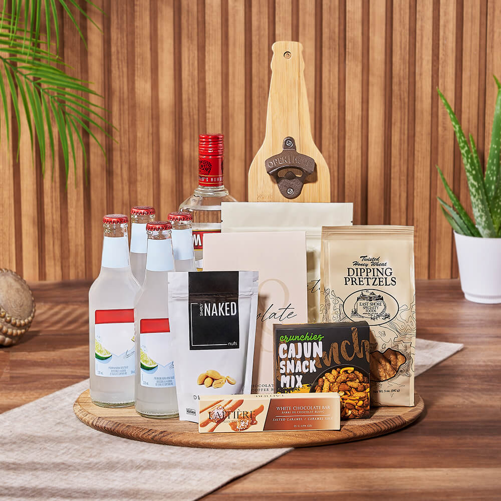Custom New Year's Gift Baskets - Coolers & Crunch Liquor Basket