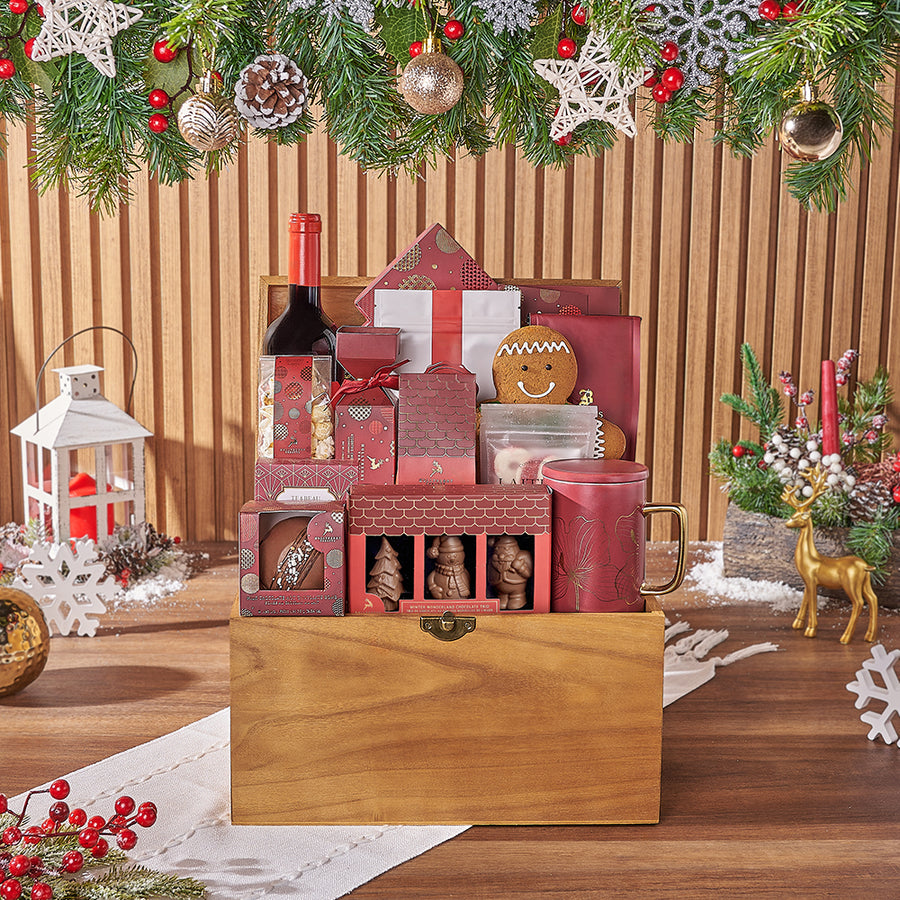Cozy Holiday Wine Gift Basket, christmas gift, christmas, chocolate gift, chocolate, wine gift, wine, cookie gift, cookie, Hamilton delivery