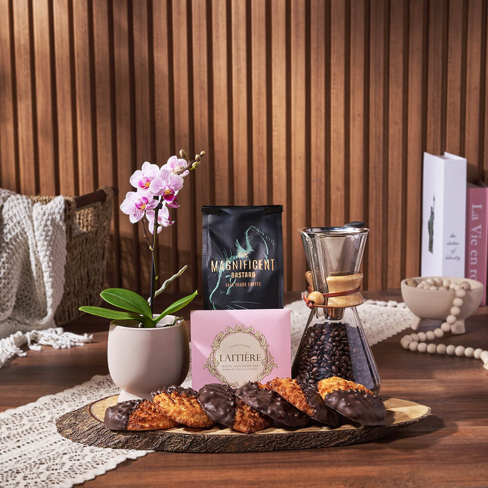 Davenport Coffee & Macaroons Basket, coffee gift, coffee, cookie gift, cookie, plant gift, plant, macaroon gift, macaroon, Hamilton delivery