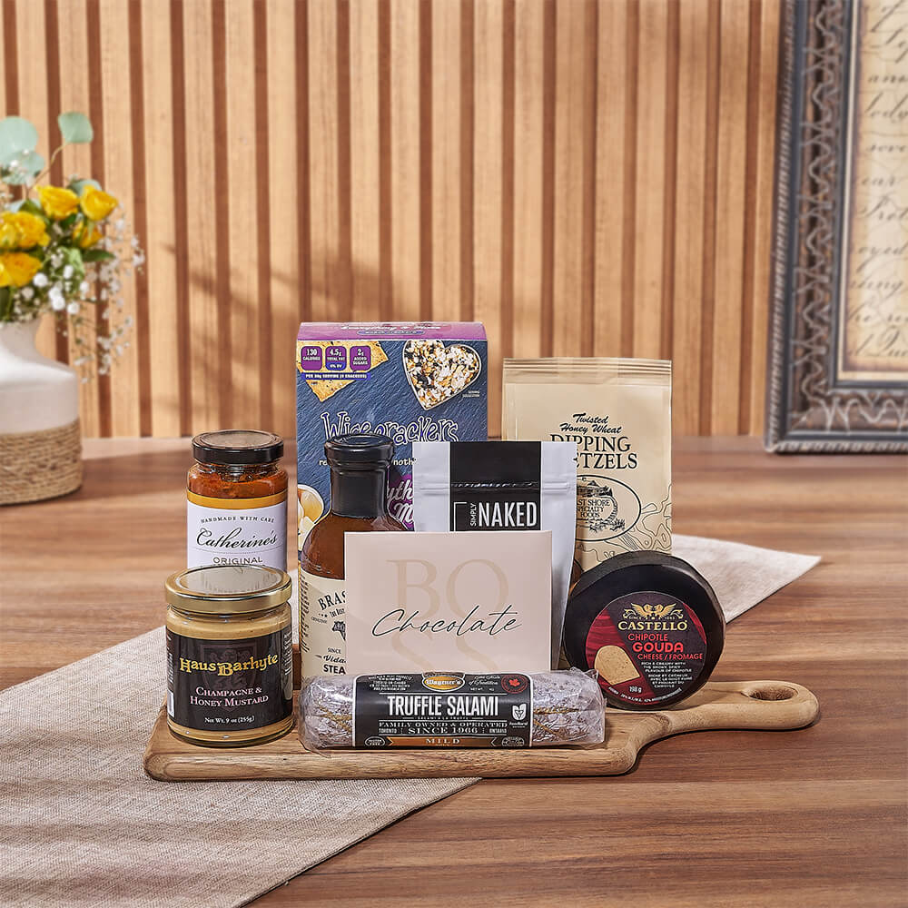 Gourmet Snack Board with Artisanal Treats on Wooden Serving Board – gift basket with wisecrackers everything & more snack crackers, east shore