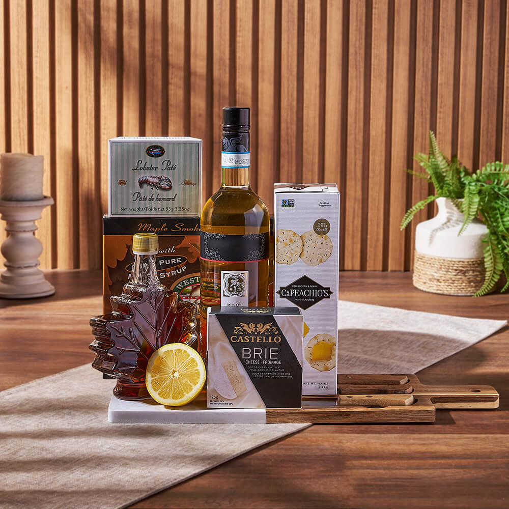 Deluxe Smoked Salmon & Citrus Gift Basket with Wine, wine gift, wine, gourmet gift, gourmet, cheese gift, cheese, cheese board gift, cheese board, Hamilton delivery