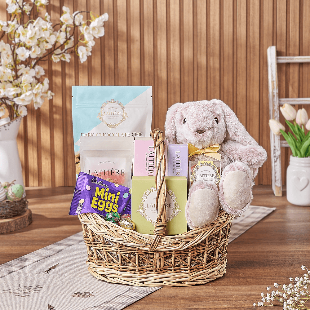 Two-Tone Wicker Easter Gift Basket with Plush Bunny and Gourmet Sweets – how the gift is presented