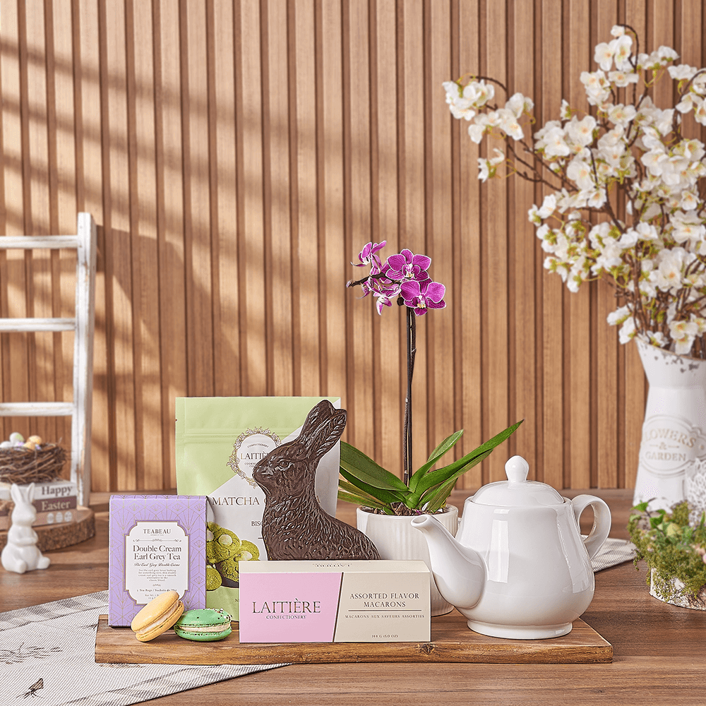 Easter Bunny Tea Tray, tea gift, tea, easter gift, easter, orchid gift, orchid, plant gift, plant, Hamilton delivery