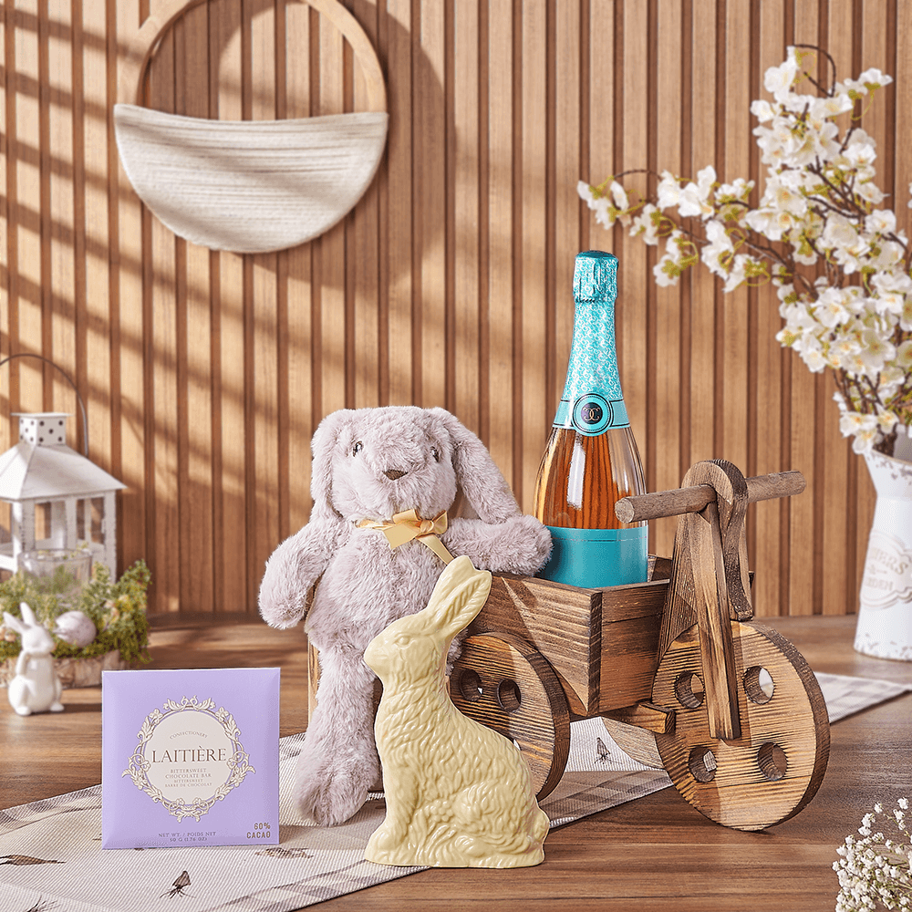 Sparkling Wine and Plush Bunny Easter Gift in Large Wooden Cart Box – how the gift is presented