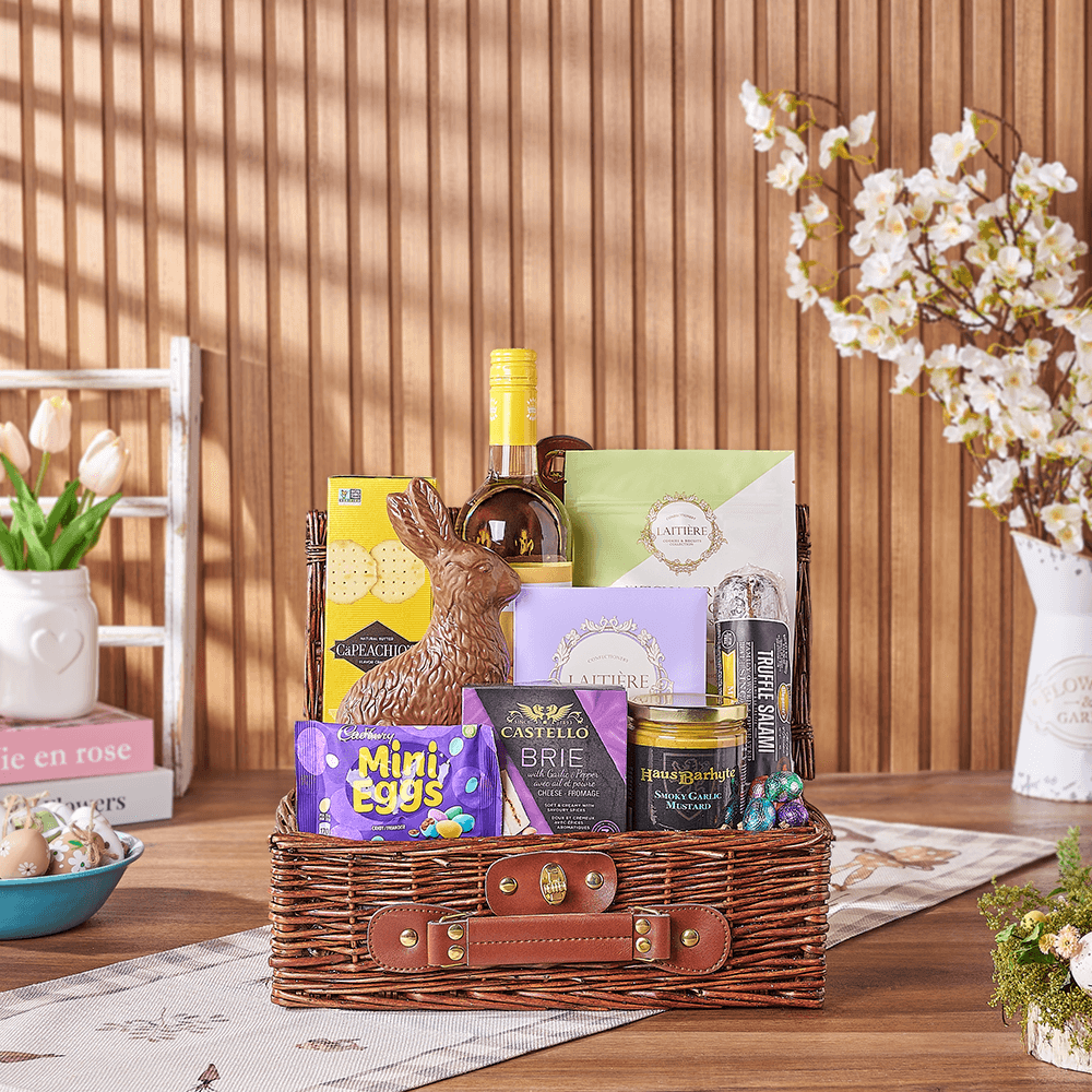 Wicker Picnic Basket Easter Wine and Gourmet Treats Gift – how the gift is presented