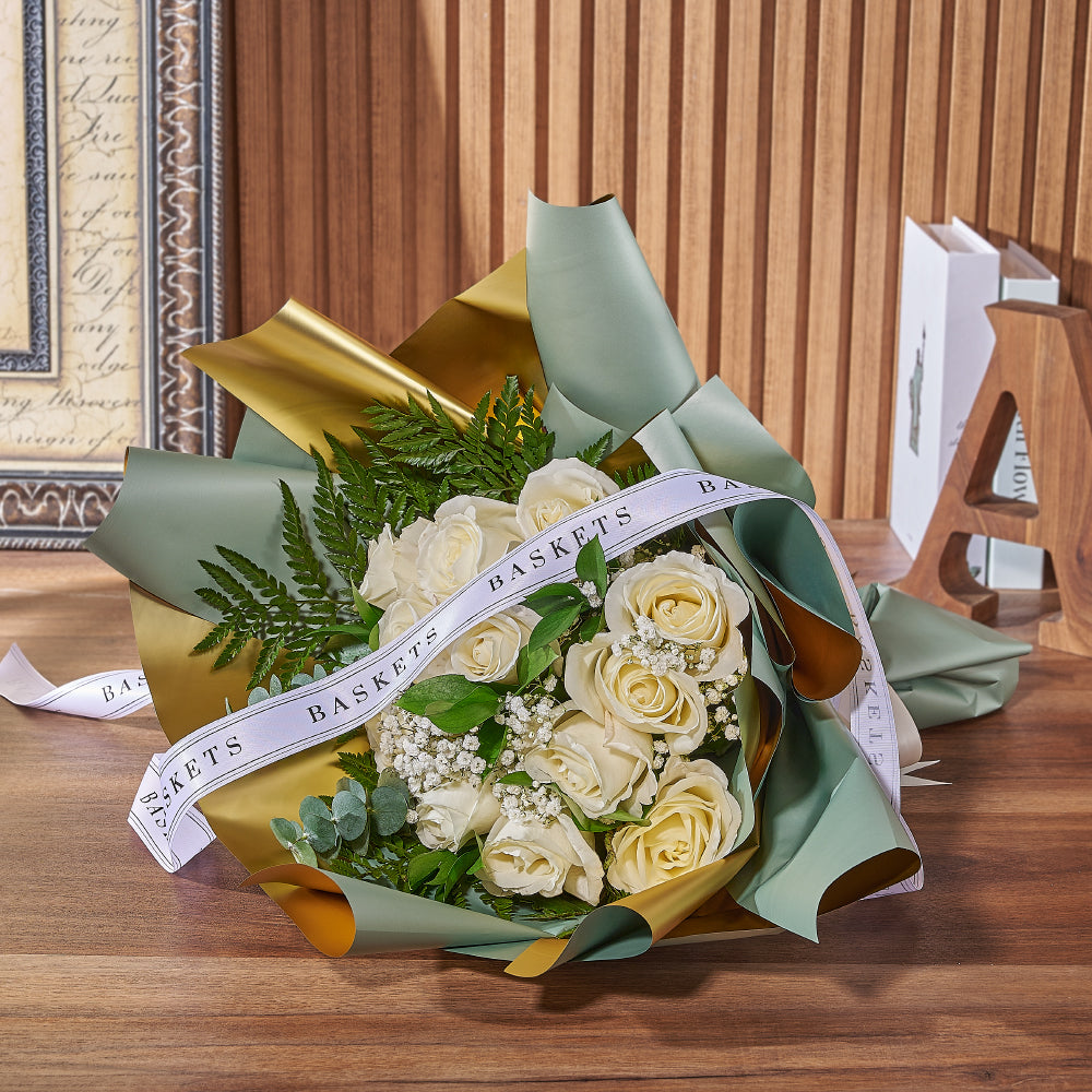 Custom Valentine’s Day Gift Baskets - Enchanting White Rose Bouquet