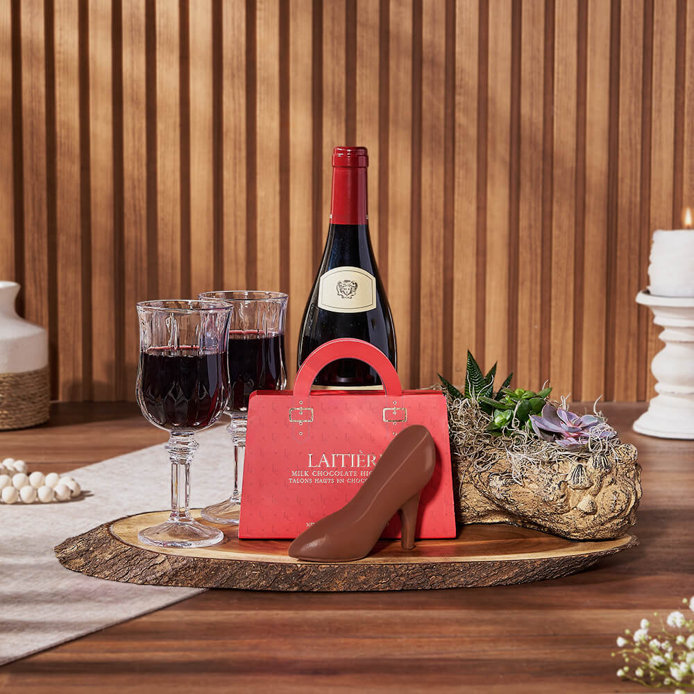 Elegant Wine Gift Basket Featuring Laitière Chocolate Heels and Live-Edge Board – how the gift is presented