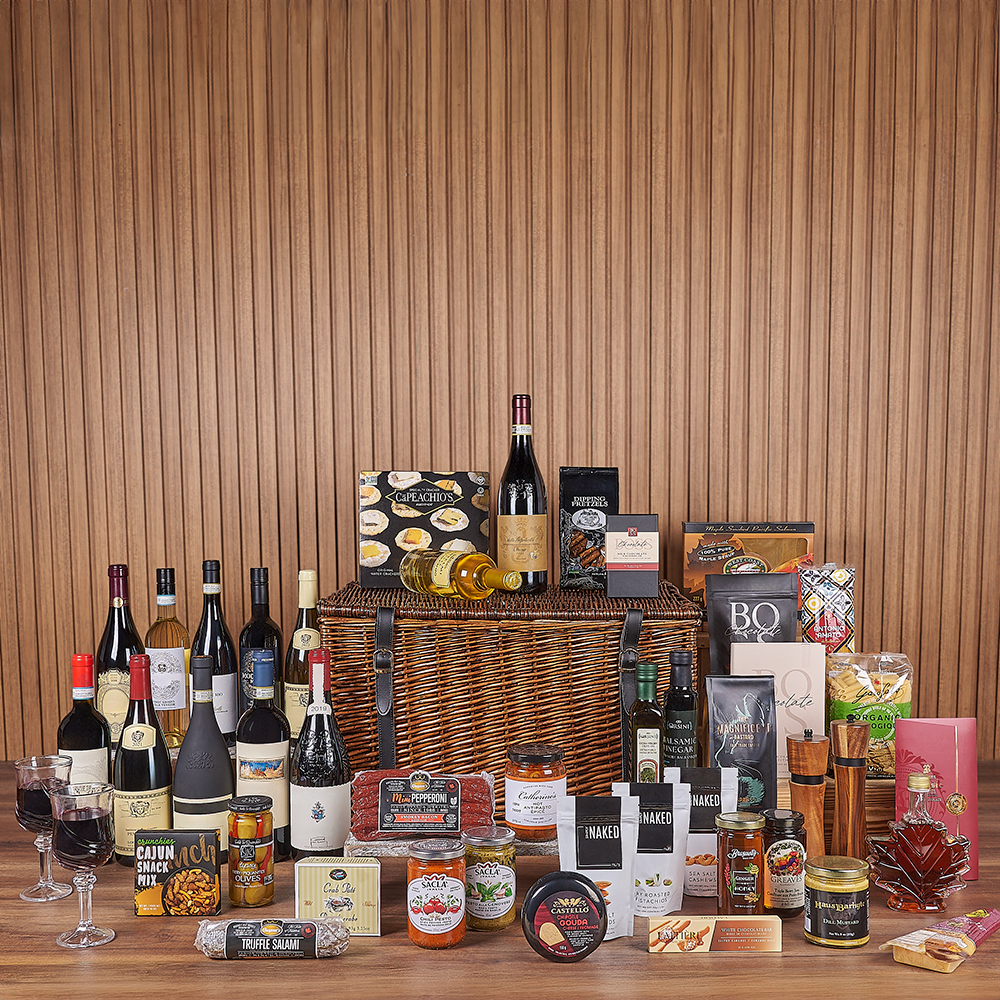 Exquisite Wine &amp; Goodie Basket - Vintage Premium Wines, wine gift, wine, chocolate gift, chocolate, luxury gift, luxury, Hamilton delivery