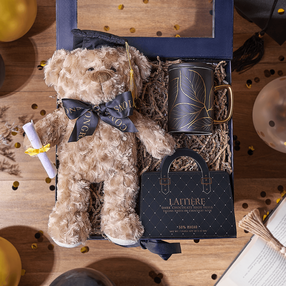 Graduation Celebration Gift Box with Teddy Bear and Laitière Chocolates – how the gift is presented