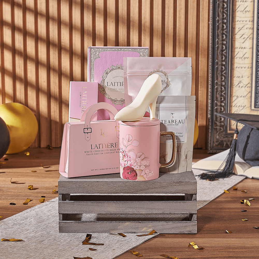 Graduation Keepsake Crate Featuring White Chocolate Delights and Tea – how the gift is presented